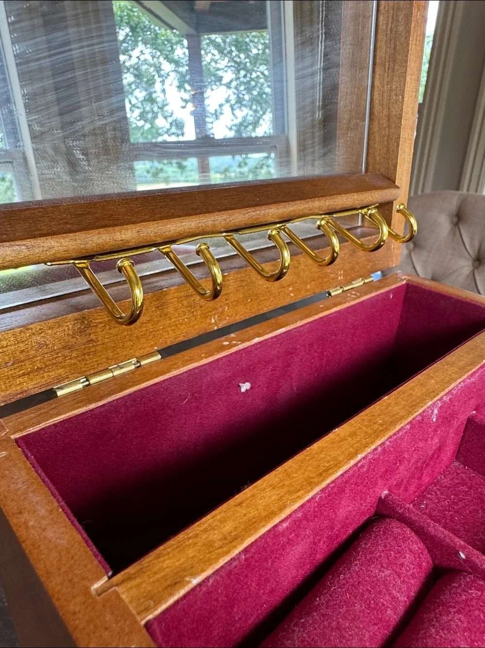 Vintage Wood Jewelry Box red lined